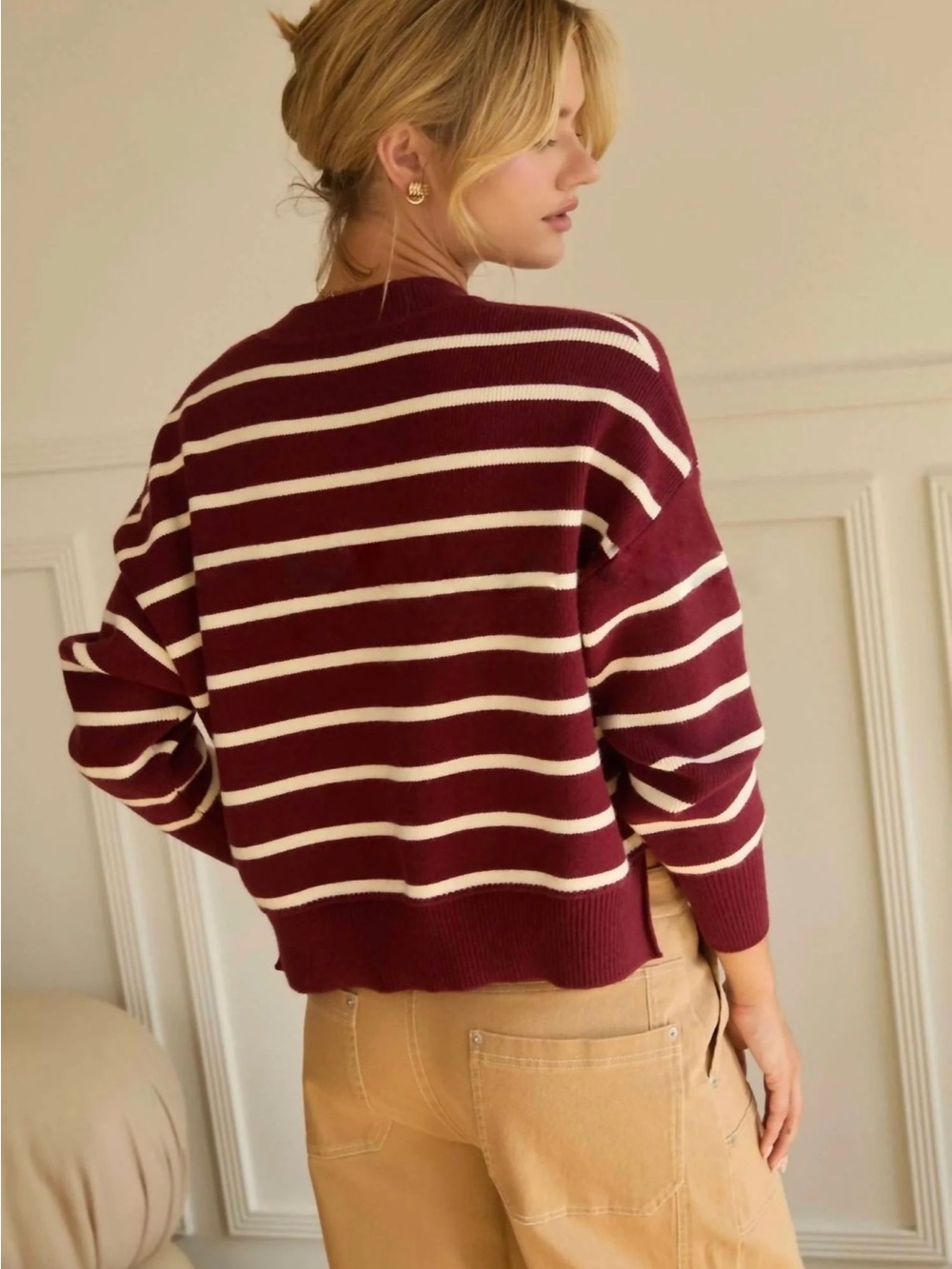 Skies Are Blue Maroon and White Striped Crewneck Sweater- crop sweater